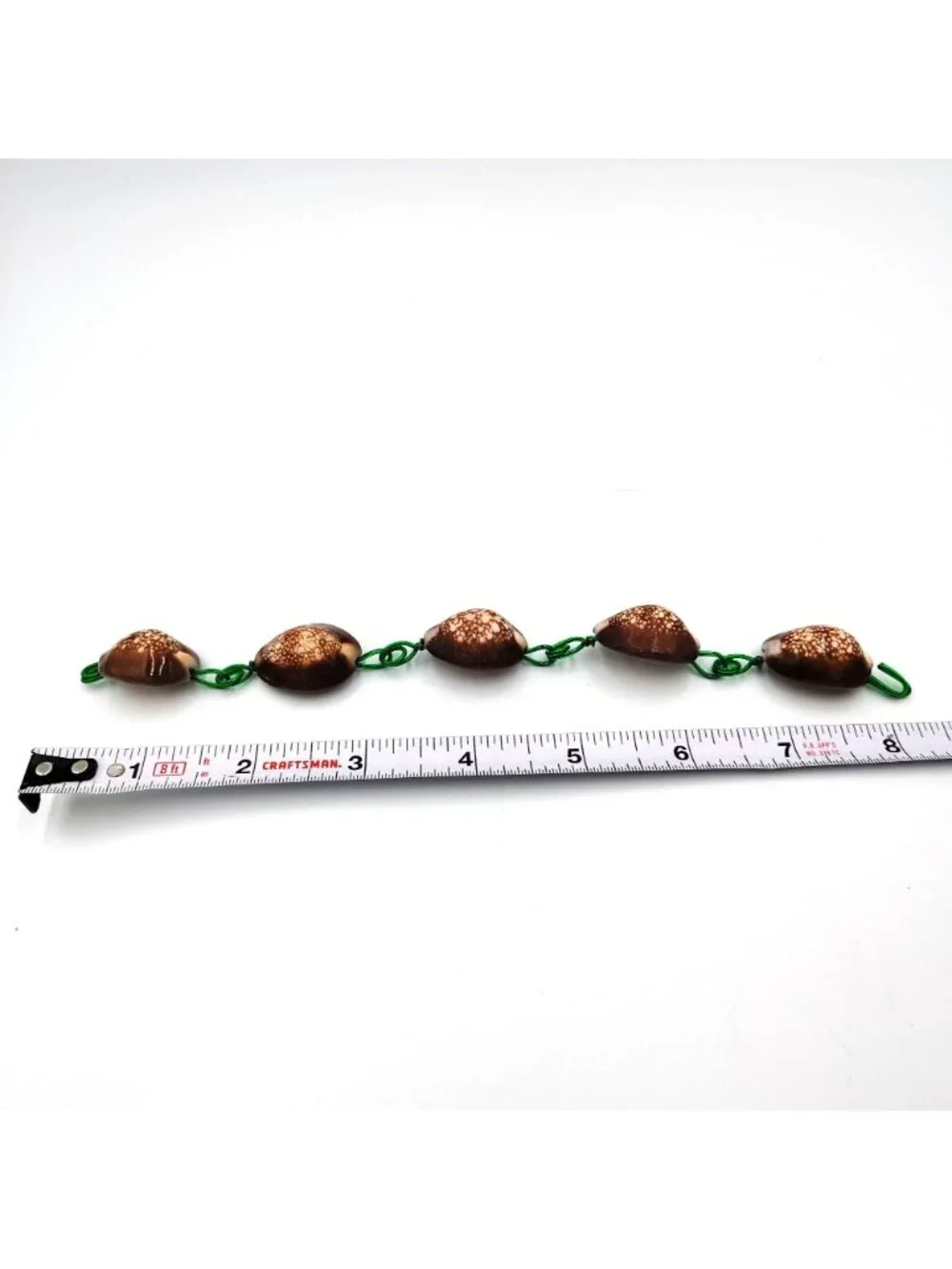 Vintage Handmade Cowrie Shell Bracelet Green Wire Boho Beach Coastal Jewelry